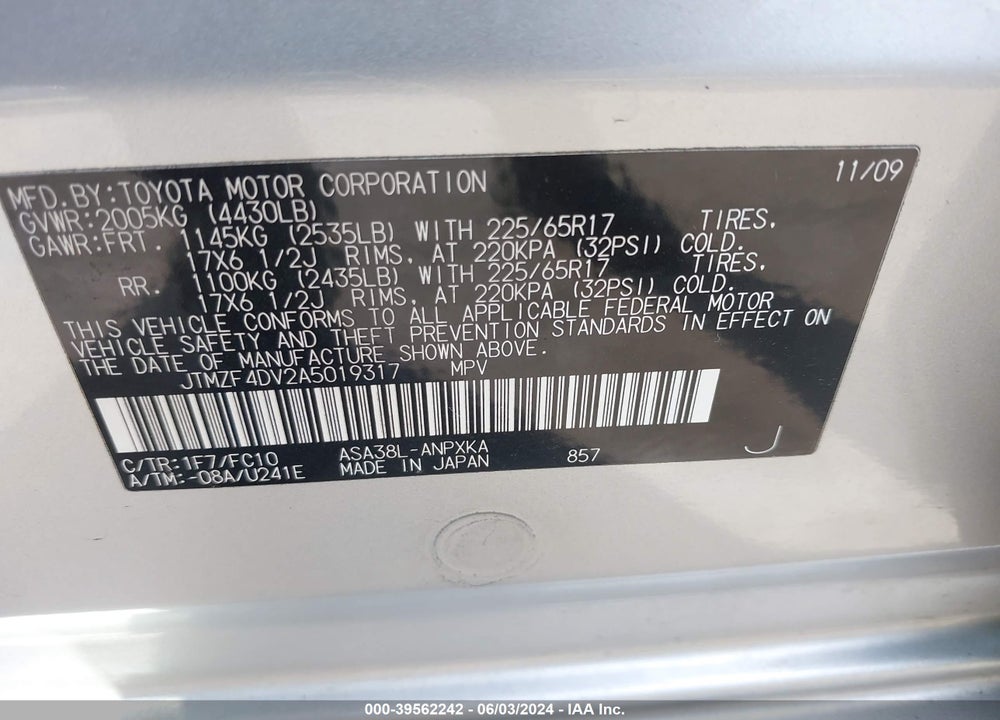 2010 TOYOTA RAV4 VIN: JTMZF4DV2A5019317