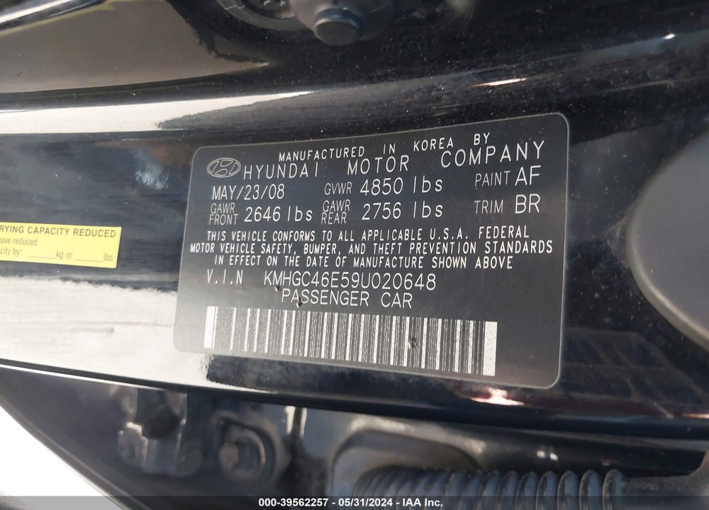 2009 HYUNDAI GENESIS 3.8 VIN: KMHGC46E59U020648