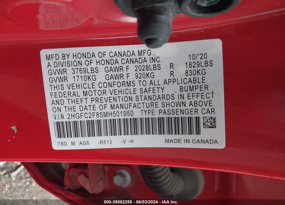 2021 HONDA CIVIC SPORT VIN: 2HGFC2F85MH501950