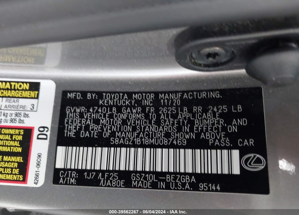 2021 LEXUS ES 350 F-SPORT VIN: 58AGZ1B18MU087469