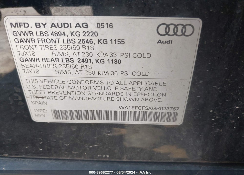 2016 AUDI Q3 2.0T PREMIUM PLUS VIN: WA1EFCFSXGR023767