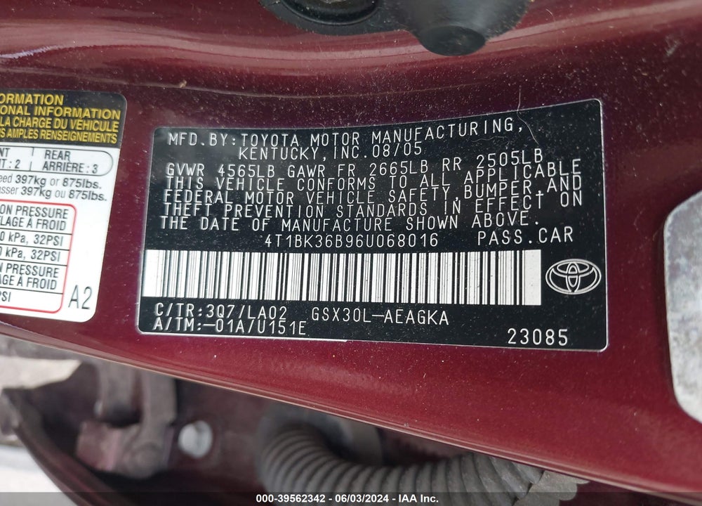 2006 TOYOTA AVALON XLS VIN: 4T1BK36B96U068016