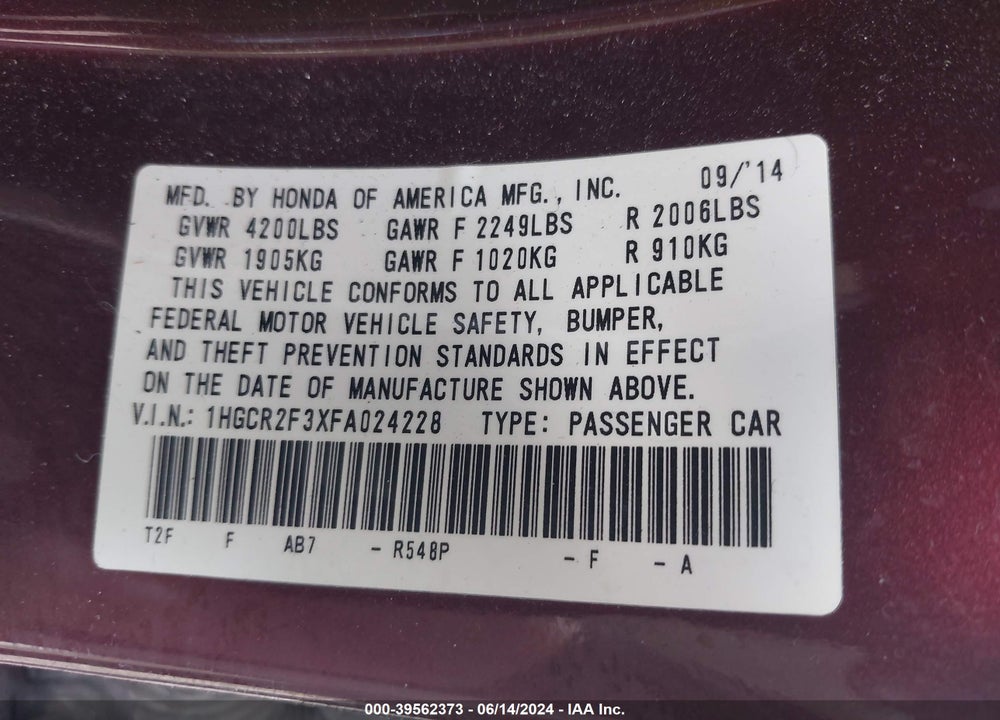 2015 HONDA ACCORD LX VIN: 1HGCR2F3XFA024228