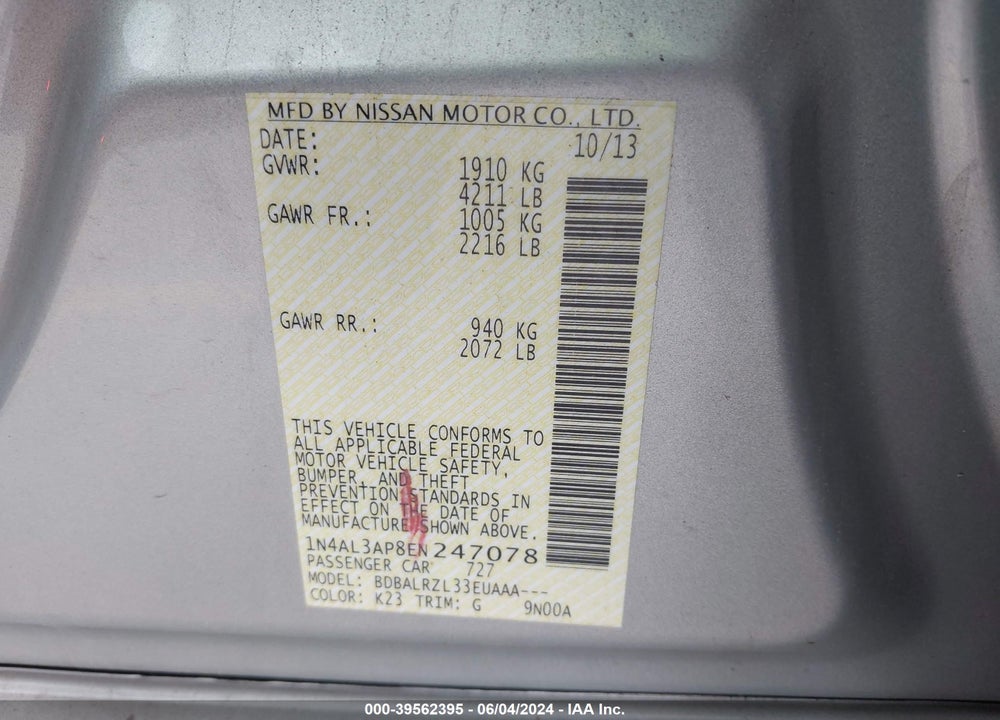 2014 NISSAN ALTIMA 2.5 S VIN: 1N4AL3AP8EN247078