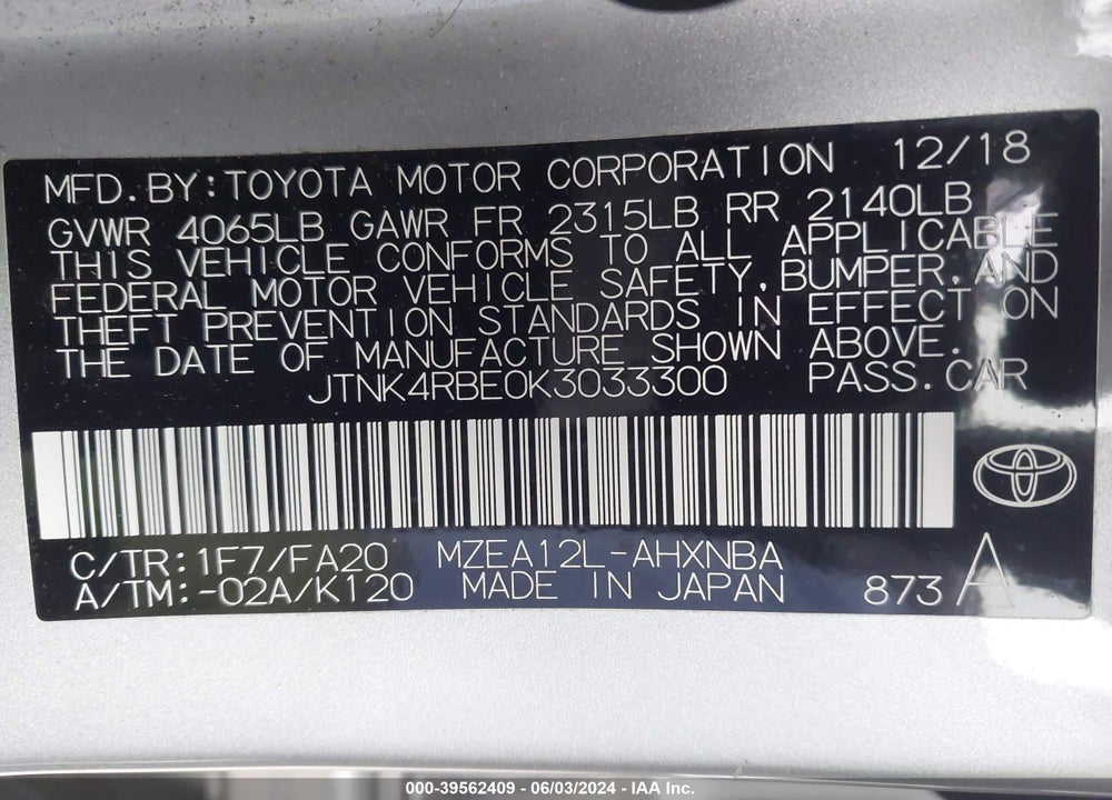 2019 TOYOTA COROLLA SE VIN: JTNK4RBE0K3033300
