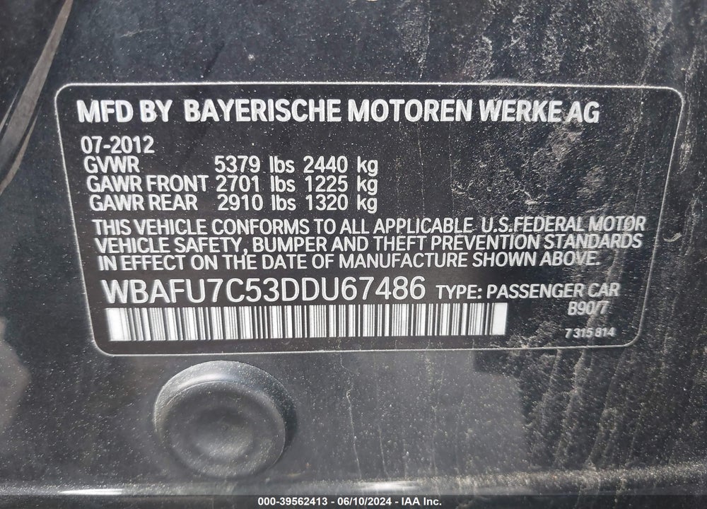 2013 BMW 535I XDRIVE VIN: WBAFU7C53DDU67486