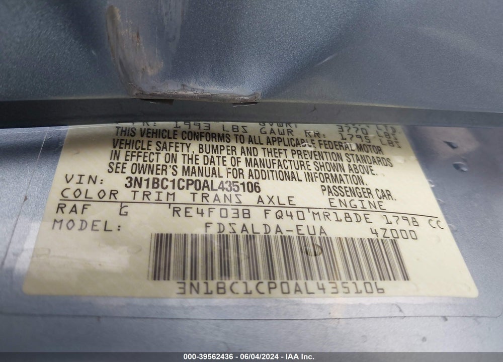 2010 NISSAN VERSA 1.8S VIN: 3N1BC1CP0AL435106