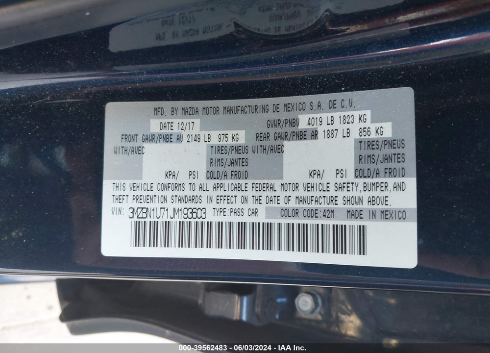 2018 MAZDA 3 SPORT VIN: 3MZBN1U71JM193603