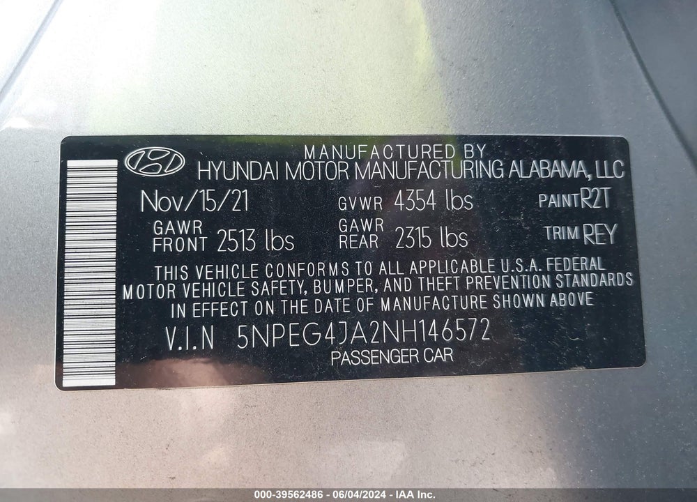 2022 HYUNDAI SONATA VIN: 5NPEG4JA2NH146572