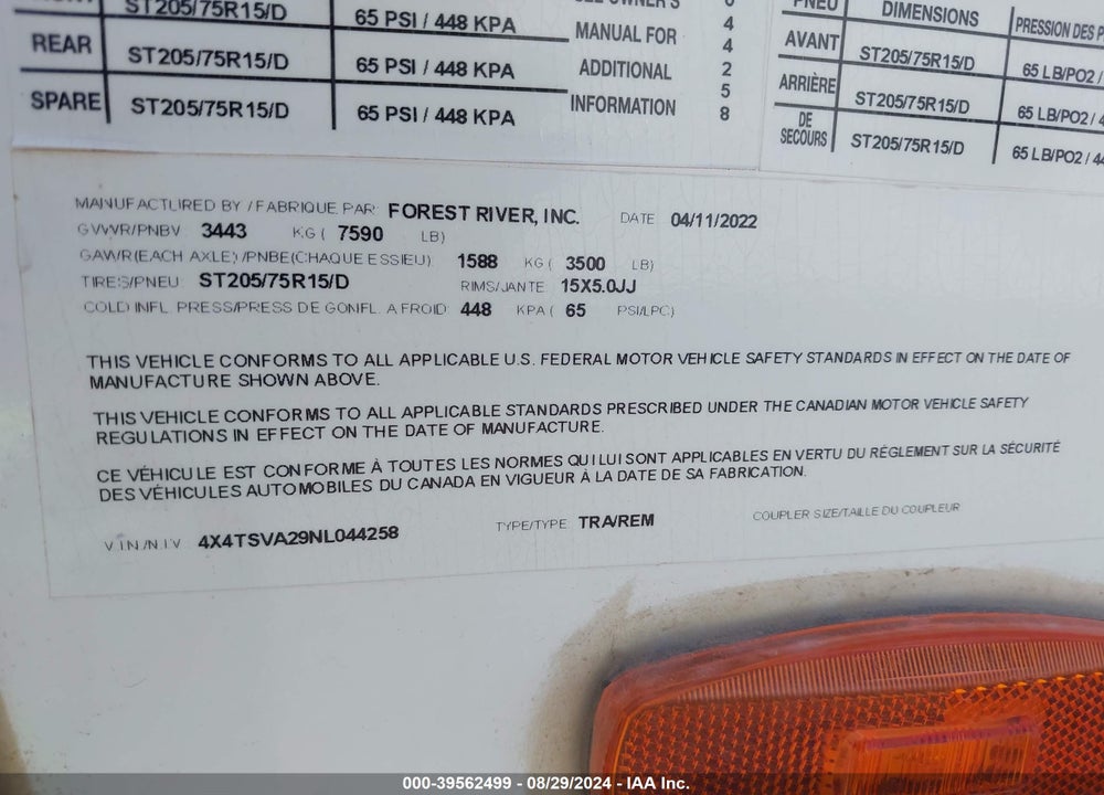 2022 FORE SURVEYOR VIN: 4X4TSVA29NL044258