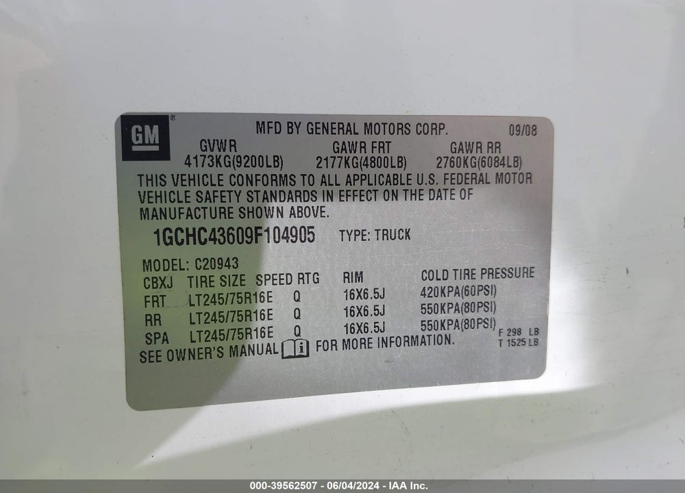 2009 CHEVROLET SILVERADO 2500HD WORK TRUCK VIN: 1GCHC43609F104905
