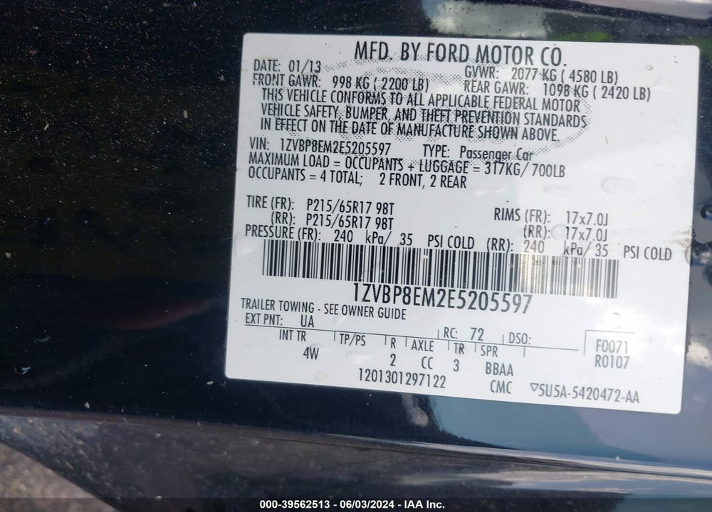 2014 FORD MUSTANG V6 PREMIUM VIN: 1ZVBP8EM2E5205597