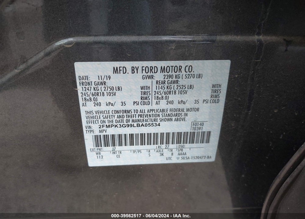 2020 FORD EDGE VIN: 2FMPK3G99LBA05534