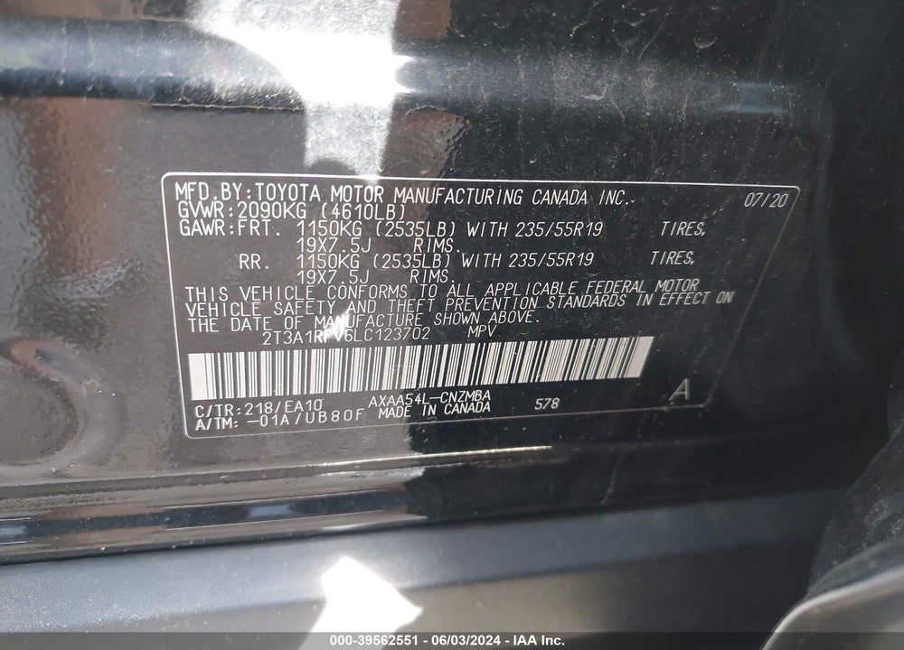 2020 TOYOTA RAV4 XLE PREMIUM VIN: 2T3A1RFV6LC123702