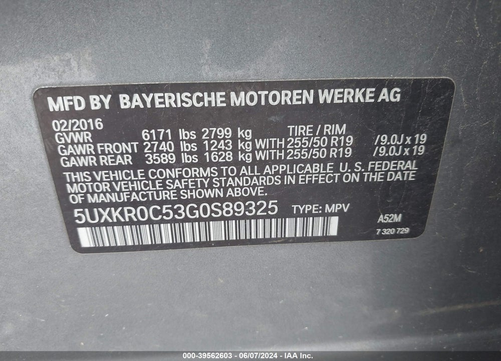 2016 BMW X5 XDRIVE35I VIN: 5UXKR0C53G0S89325
