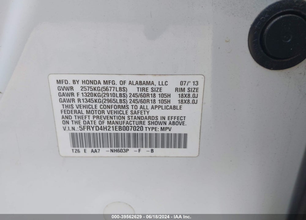 2014 ACURA MDX VIN: 5FRYD4H21EB007020