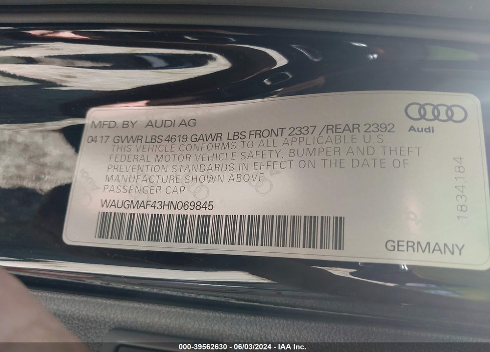 2017 AUDI A4 2.0T ULTRA PREMIUM VIN: WAUGMAF43HN069845