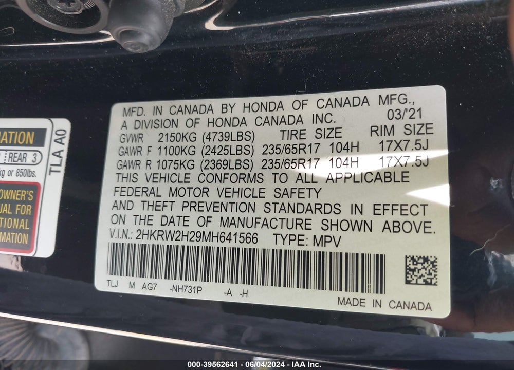2021 HONDA CR-V AWD LX VIN: 2HKRW2H29MH641566