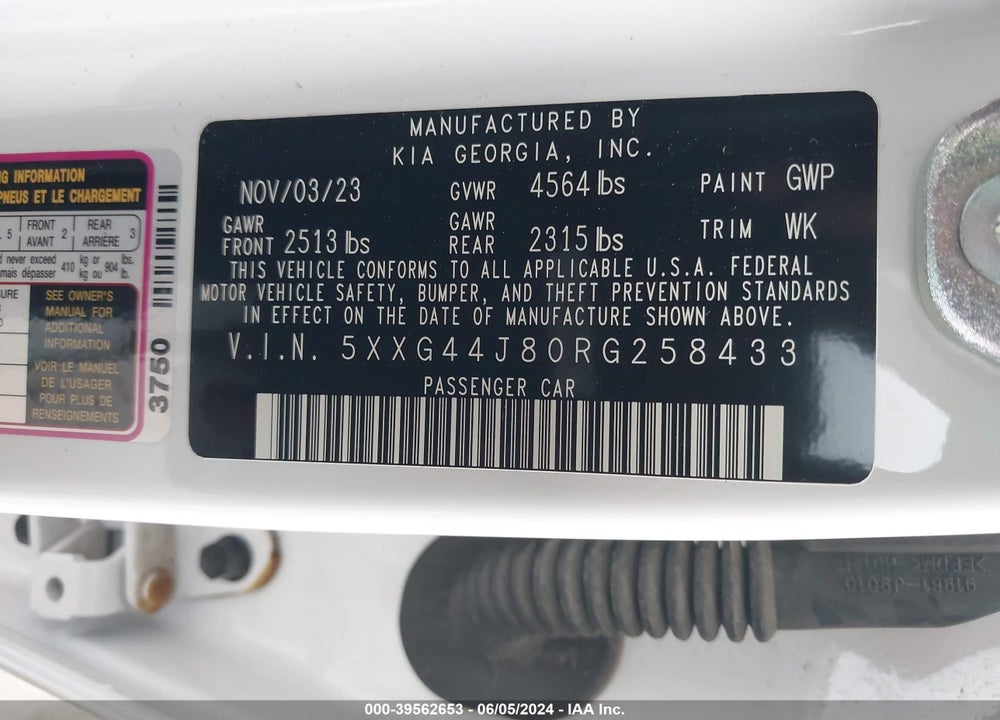 2024 KIA K5 GT VIN: 5XXG44J80RG258433