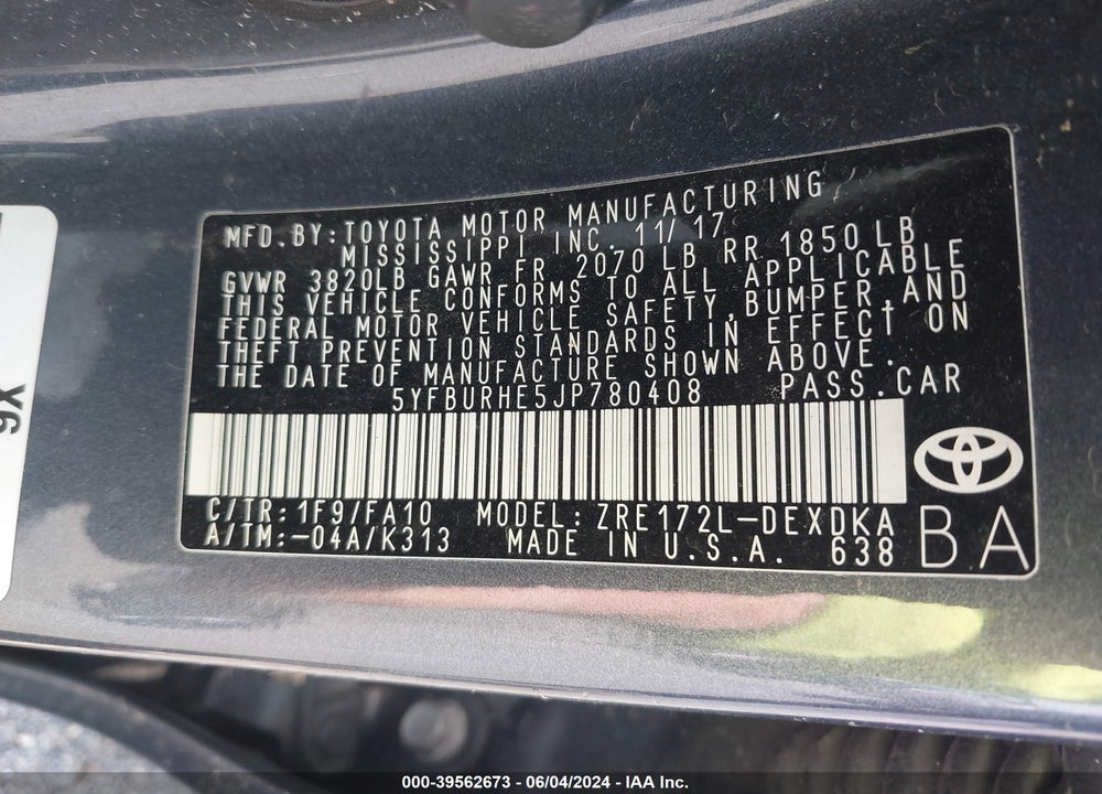 2018 TOYOTA COROLLA L VIN: 5YFBURHE5JP780408