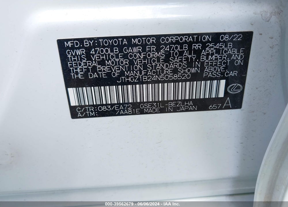 2022 LEXUS IS 350 F-SPORT VIN: JTHGZ1B24N5058520