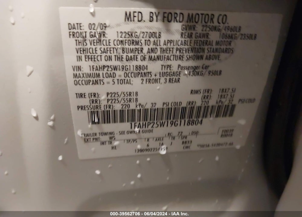 2009 FORD TAURUS LIMITED VIN: 1FAHP25W19G118804