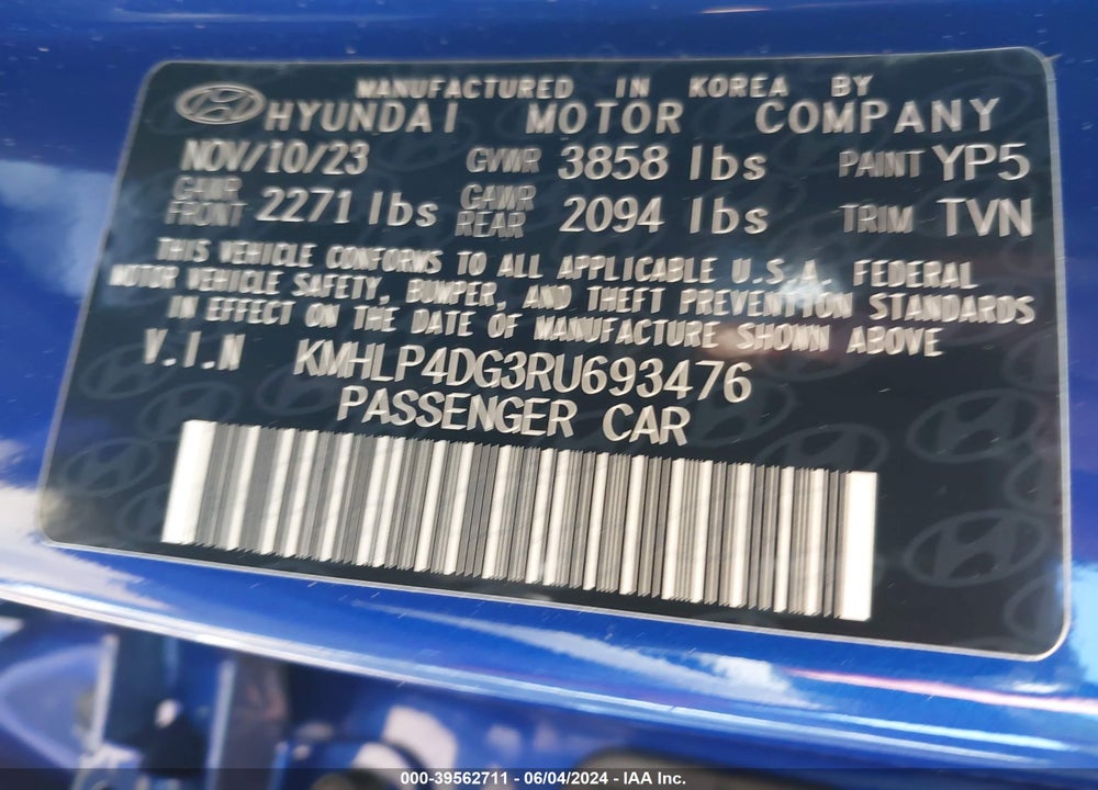 2024 HYUNDAI ELANTRA LIMITED VIN: KMHLP4DG3RU693476
