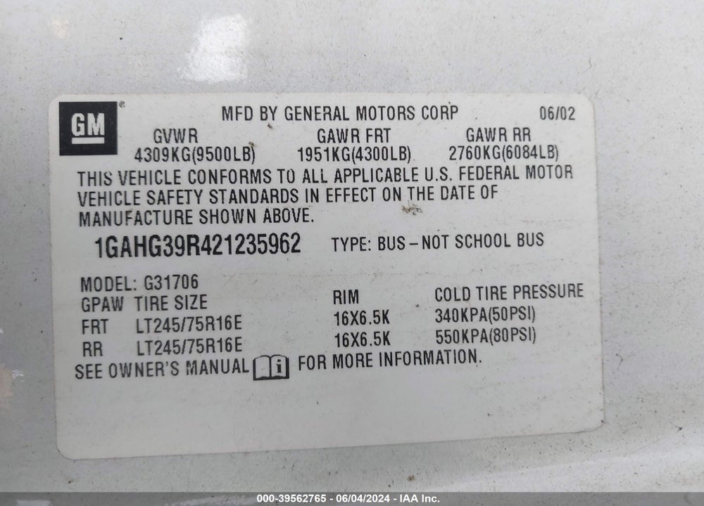 2002 CHEVROLET EXPRESS VIN: 1GAHG39R421235962