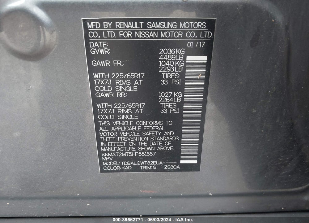 2017 NISSAN ROGUE SV VIN: KNMAT2MT5HP551667