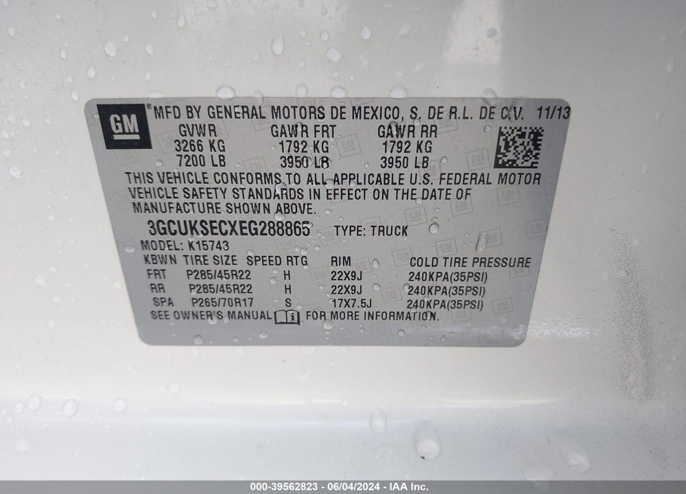 2014 CHEVROLET SILVERADO 1500 2LZ VIN: 3GCUKSECXEG288865