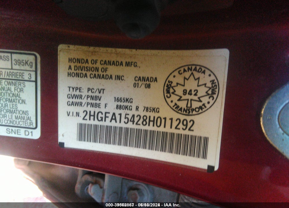 2008 HONDA CIVIC SDN VIN: 2HGFA15428H011292