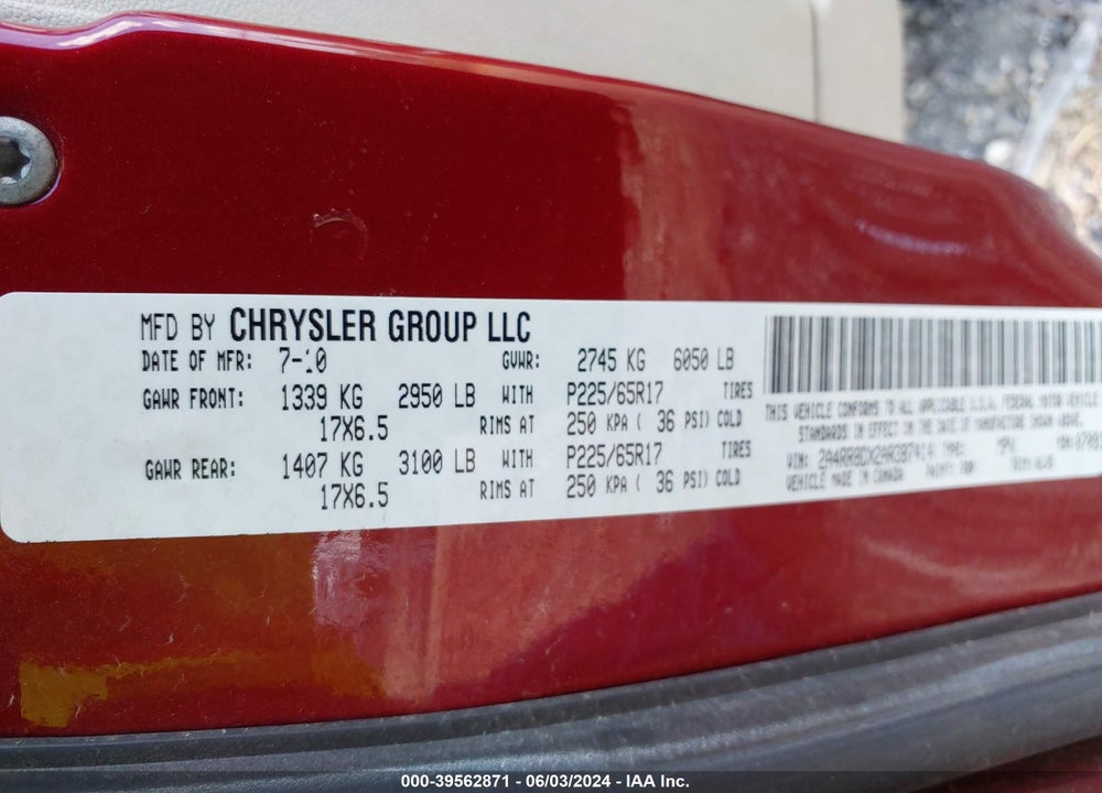 2010 CHRYSLER TOWN & COUNTRY TOURING PLUS VIN: 2A4RR8DX2AR387414