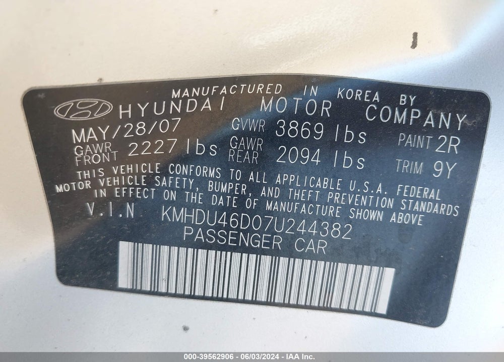 2007 HYUNDAI ELANTRA GLS/LIMITED/SE VIN: KMHDU46D07U244382