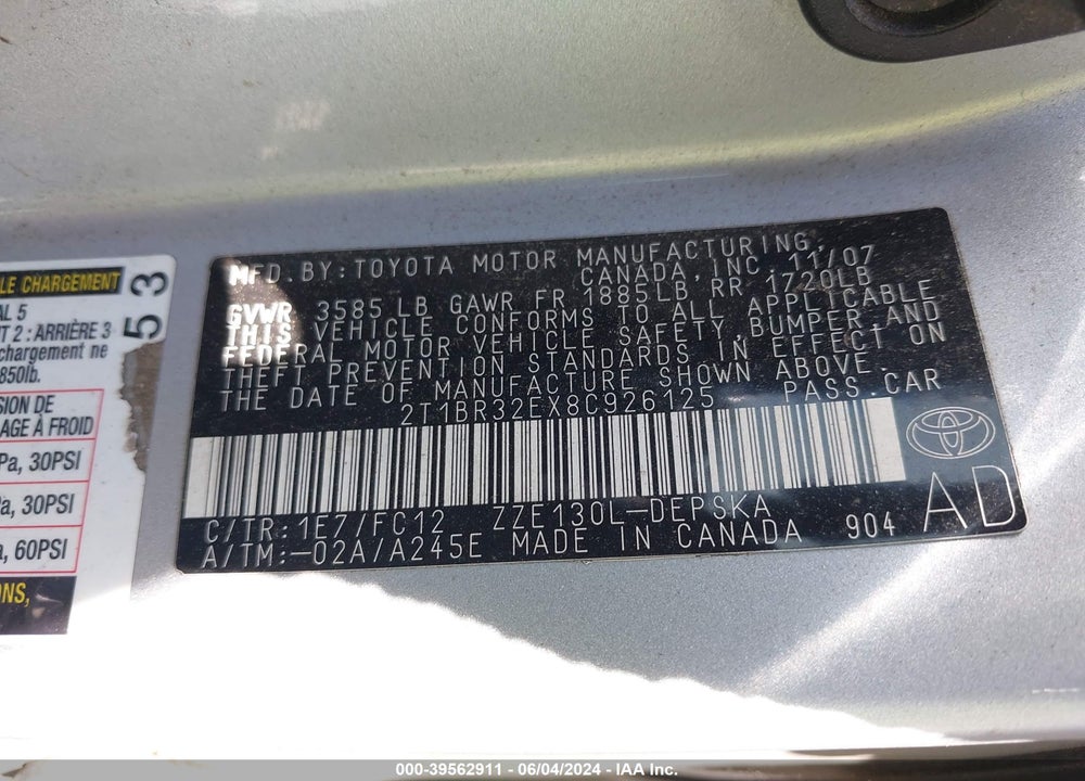2008 TOYOTA COROLLA S VIN: 2T1BR32EX8C926125