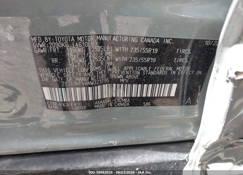 2022 TOYOTA RAV4 XLE PREMIUM VIN: 2T3A1RFV8NW321795
