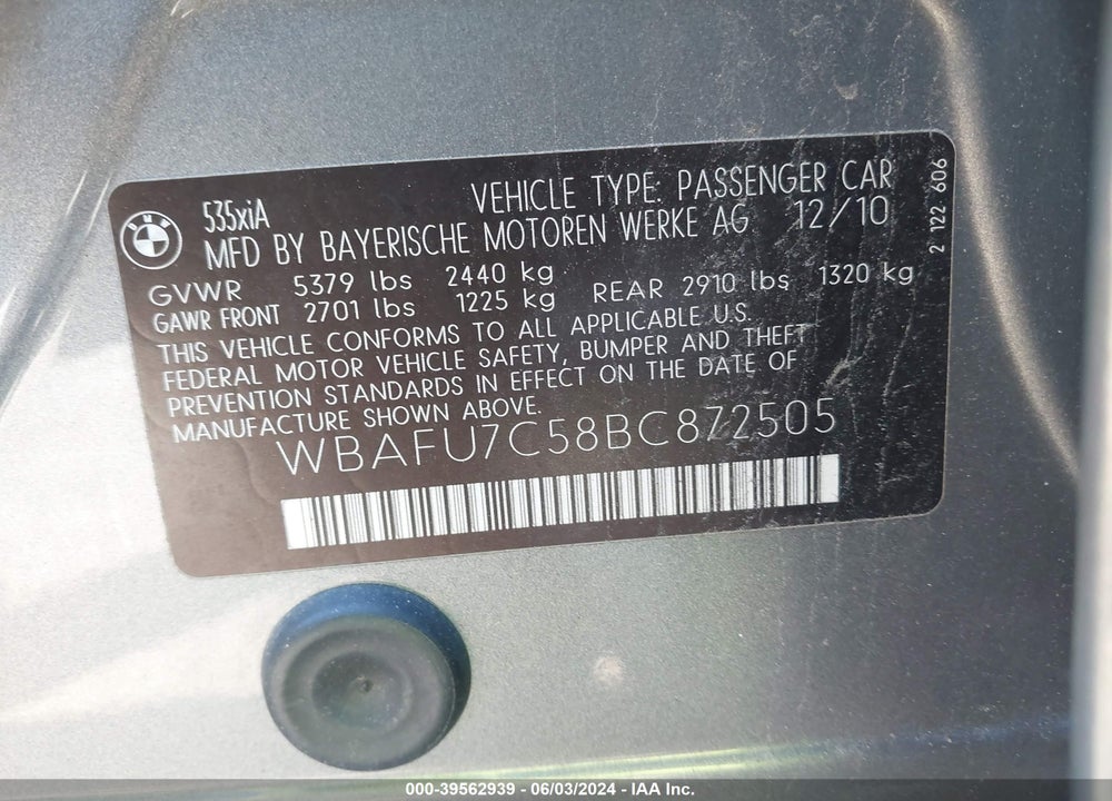 2011 BMW 535I XDRIVE VIN: WBAFU7C58BC872505