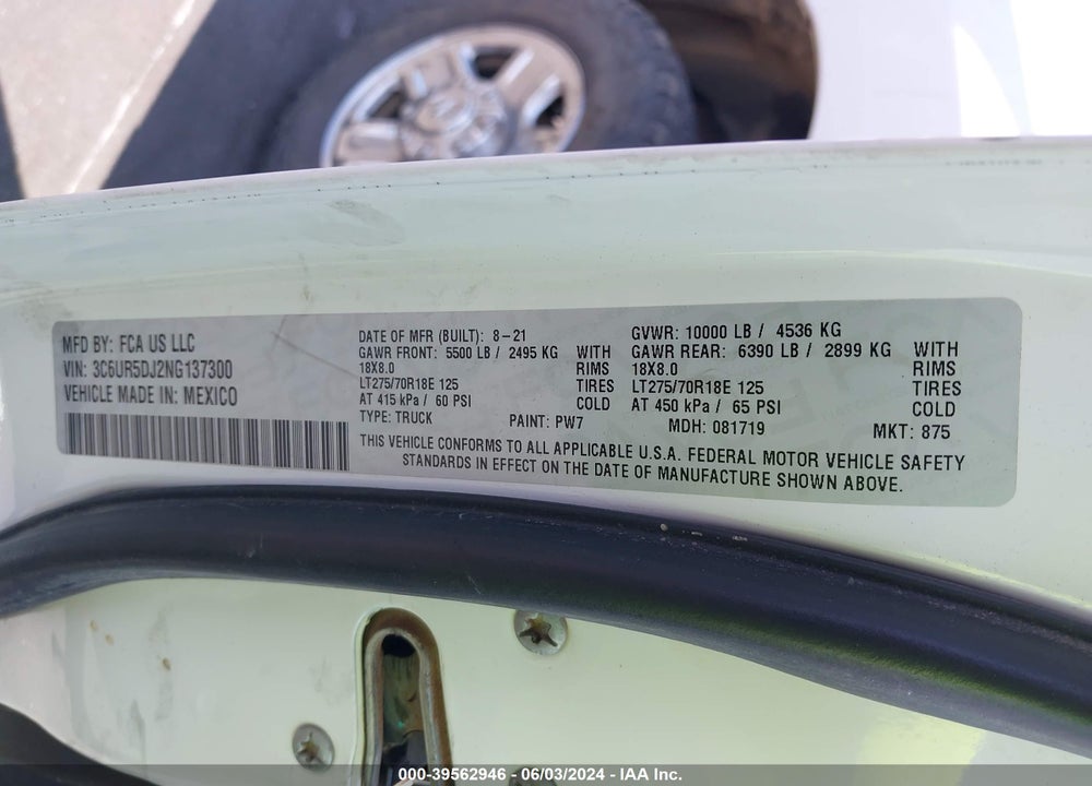 2022 RAM 2500 BIG HORN 4X4 6'4 BOX VIN: 3C6UR5DJ2NG137300