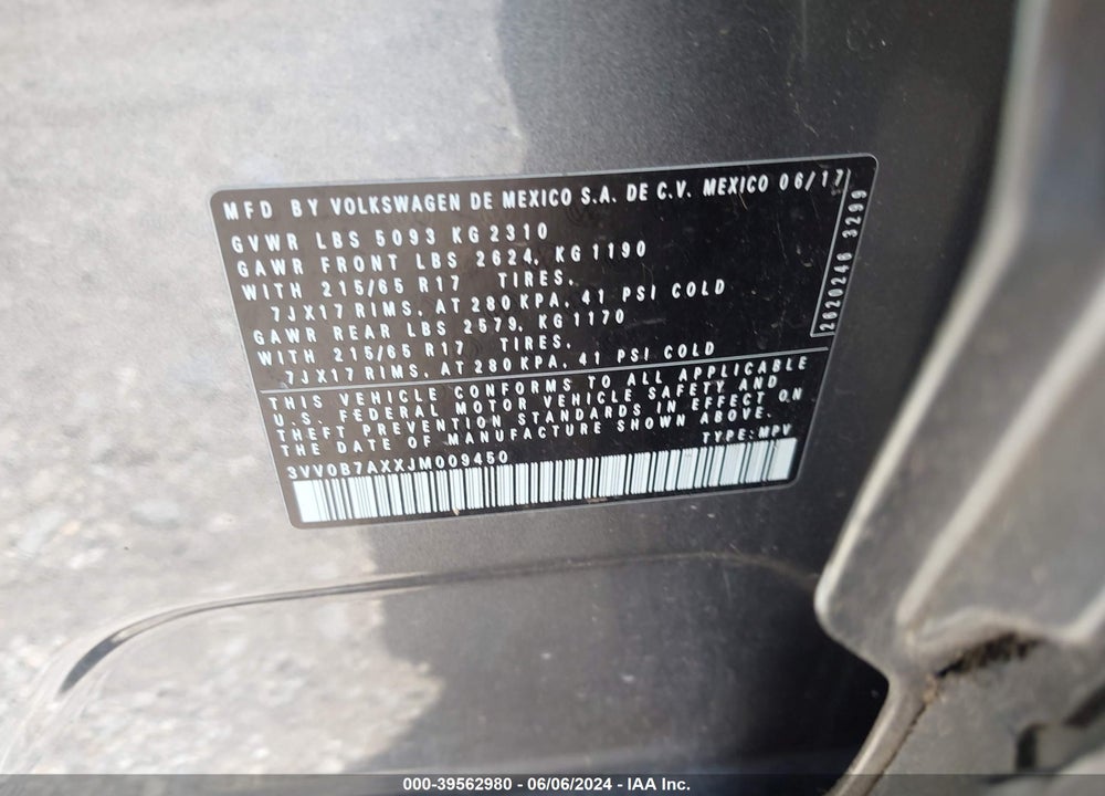 2018 VOLKSWAGEN TIGUAN 2.0T S VIN: 3VV0B7AXXJM009450