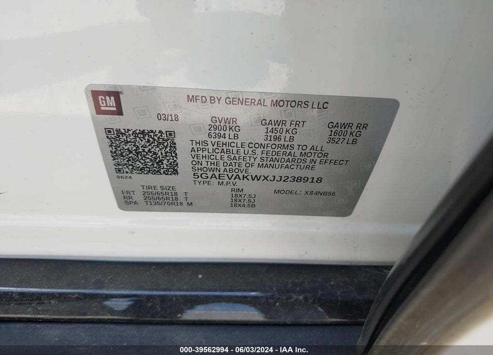 2018 BUICK ENCLAVE ESSENCE VIN: 5GAEVAKWXJJ238918