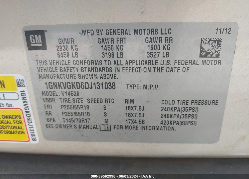 2013 CHEVROLET TRAVERSE 1LT VIN: 1GNKVGKD6DJ131038