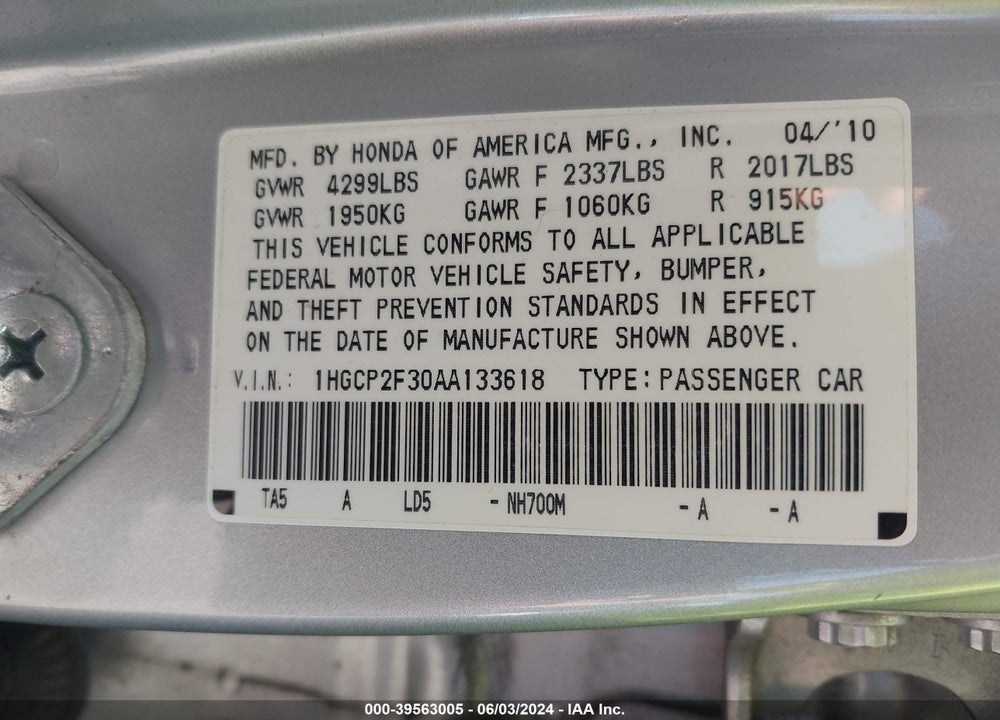 2010 HONDA ACCORD 2.4 LX VIN: 1HGCP2F30AA133618