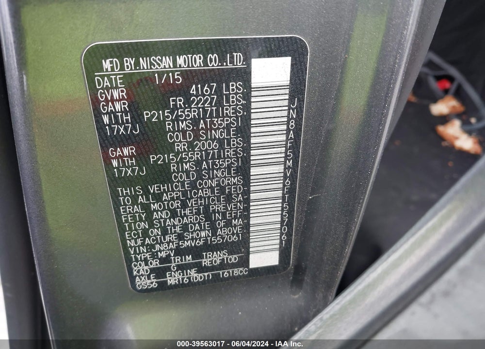 2015 NISSAN JUKE SL VIN: JN8AF5MV6FT557061