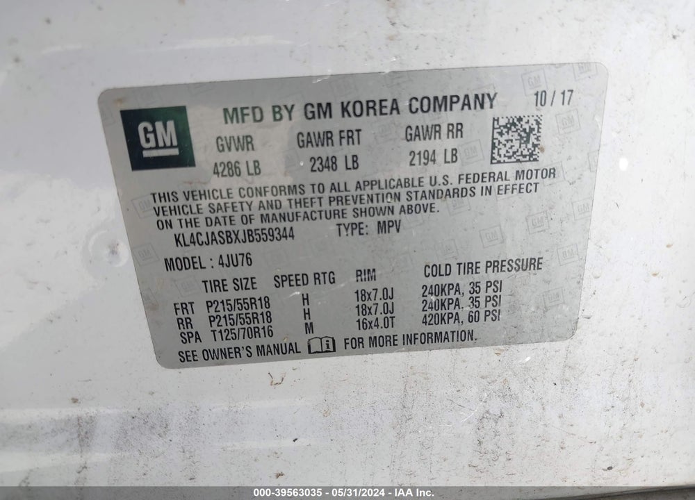 2018 BUICK ENCORE PREFERRED VIN: KL4CJASBXJB559344