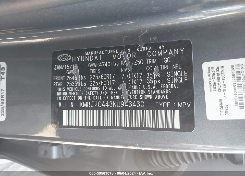 2019 HYUNDAI TUCSON SE VIN: KM8J2CA43KU943430