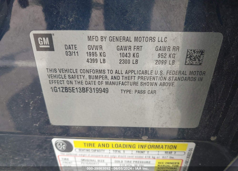 2011 CHEVROLET MALIBU LS VIN: 1G1ZB5E13BF319949