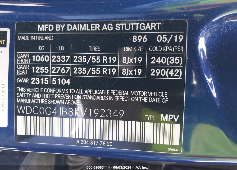 2019 MERCEDES-BENZ GLC 300 VIN: WDC0G4JB8KV192349