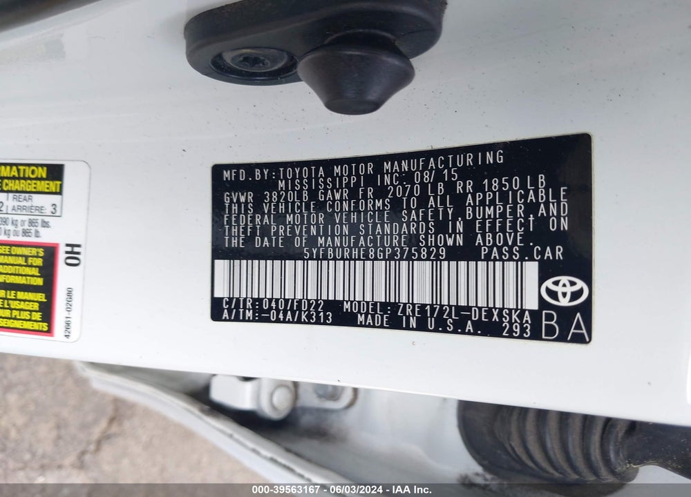 2016 TOYOTA COROLLA S PLUS VIN: 5YFBURHE8GP375829