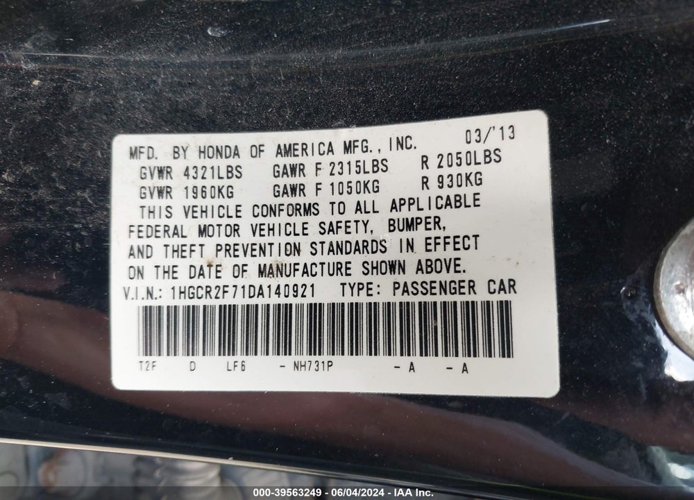 2013 HONDA ACCORD EX VIN: 1HGCR2F71DA140921