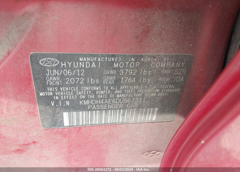 2013 HYUNDAI ELANTRA LIMITED VIN: KMHDH4AE6DU567321
