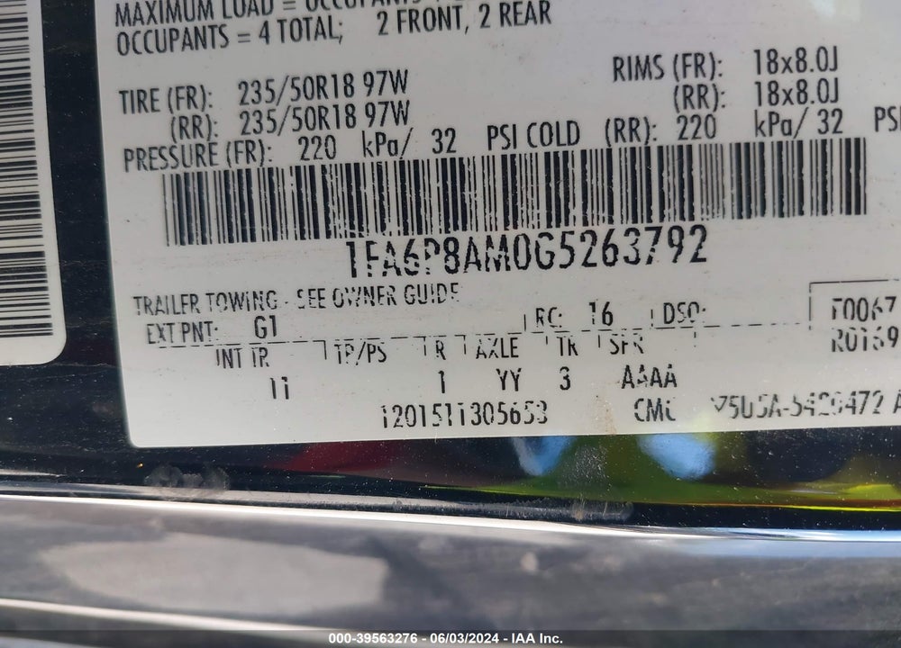 2016 FORD MUSTANG V6 VIN: 1FA6P8AM0G5263792